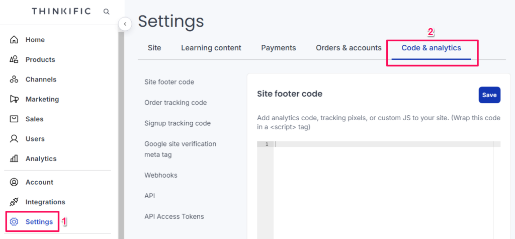 Go to Settings then Code & analytics