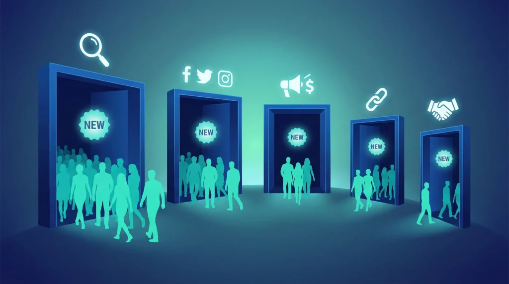 Multiple doorways with varying numbers of people walking through, representing new user acquisition from different sources