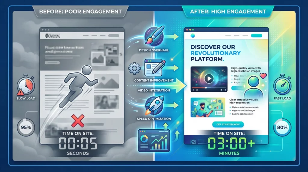 Before and after comparison showing webpage transformation from low engagement to high engagement with optimization elements