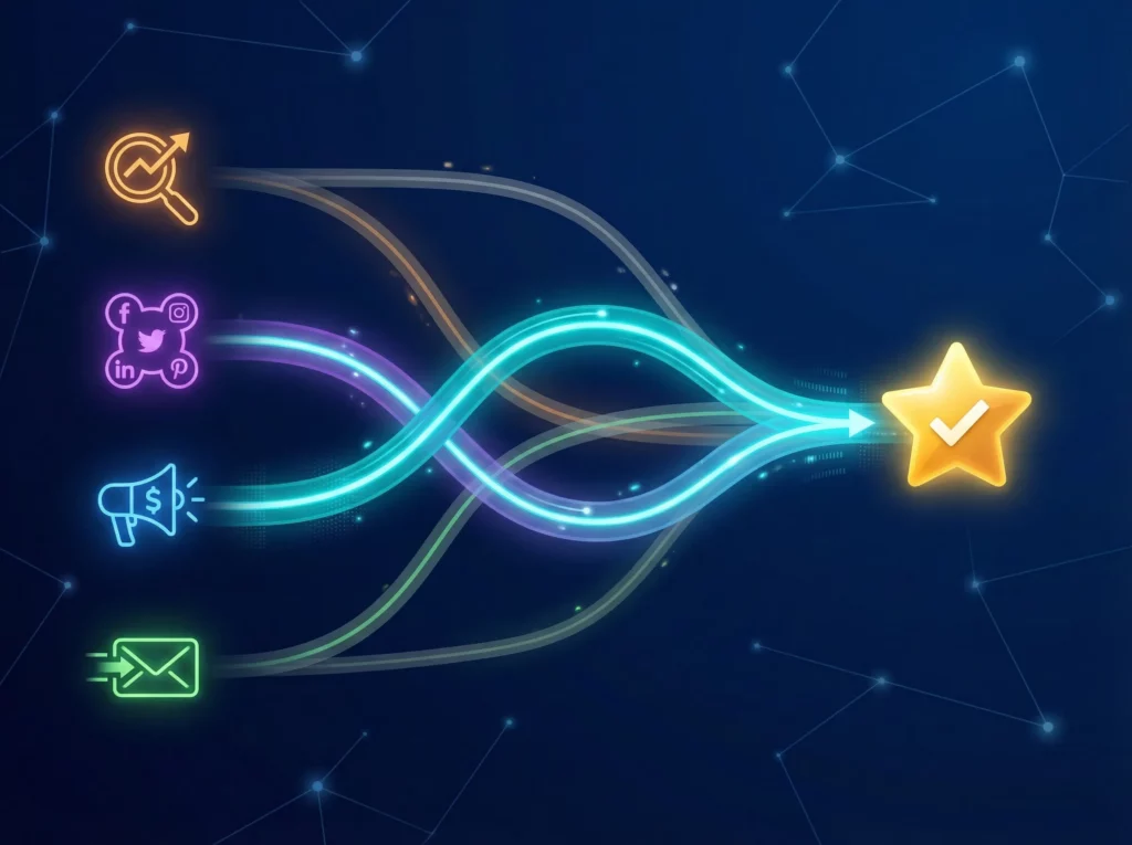 Abstract network diagram showing multiple traffic source pathways connecting to a central conversion goal