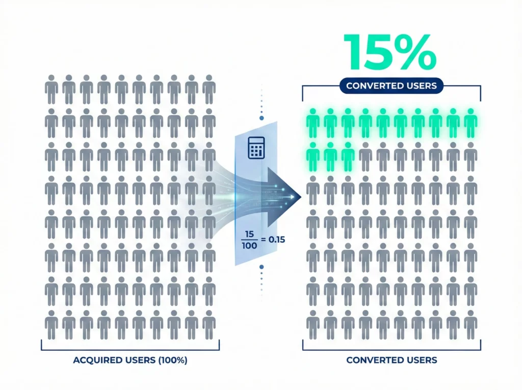 Grid of user icons showing transformation from acquired users to converted users with percentage highlighted