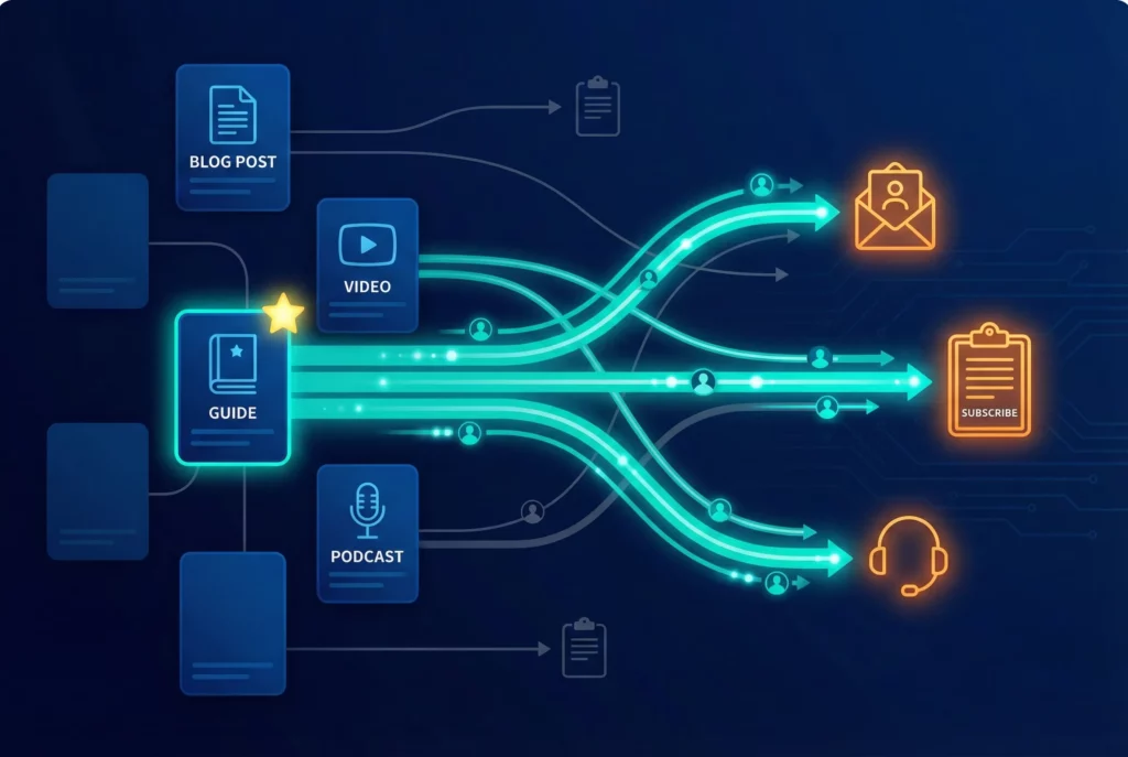 Content pieces connected by flowing pathways of varying thickness to lead forms, representing content effectiveness at generating leads