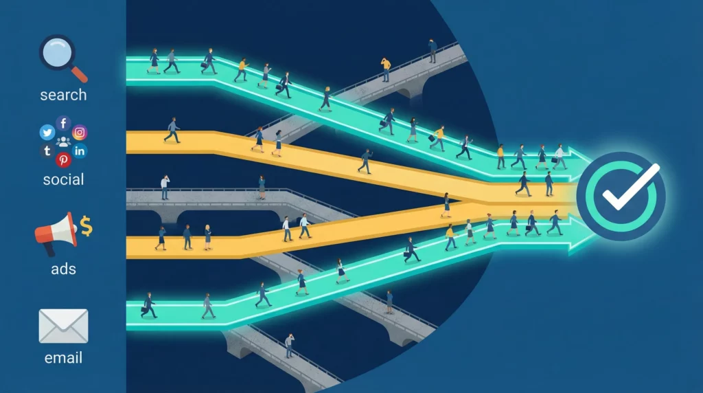 Bridges of varying widths connecting traffic sources to conversion goals, representing conversion volume from each source