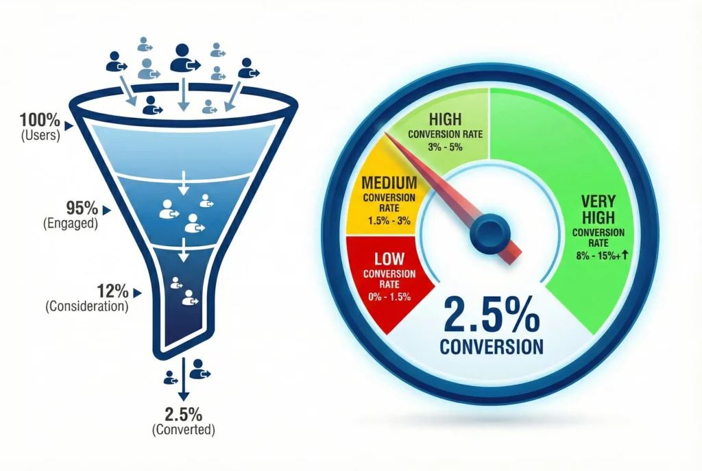 Conversion funnel with percentage markers alongside a performance gauge showing conversion rate zones