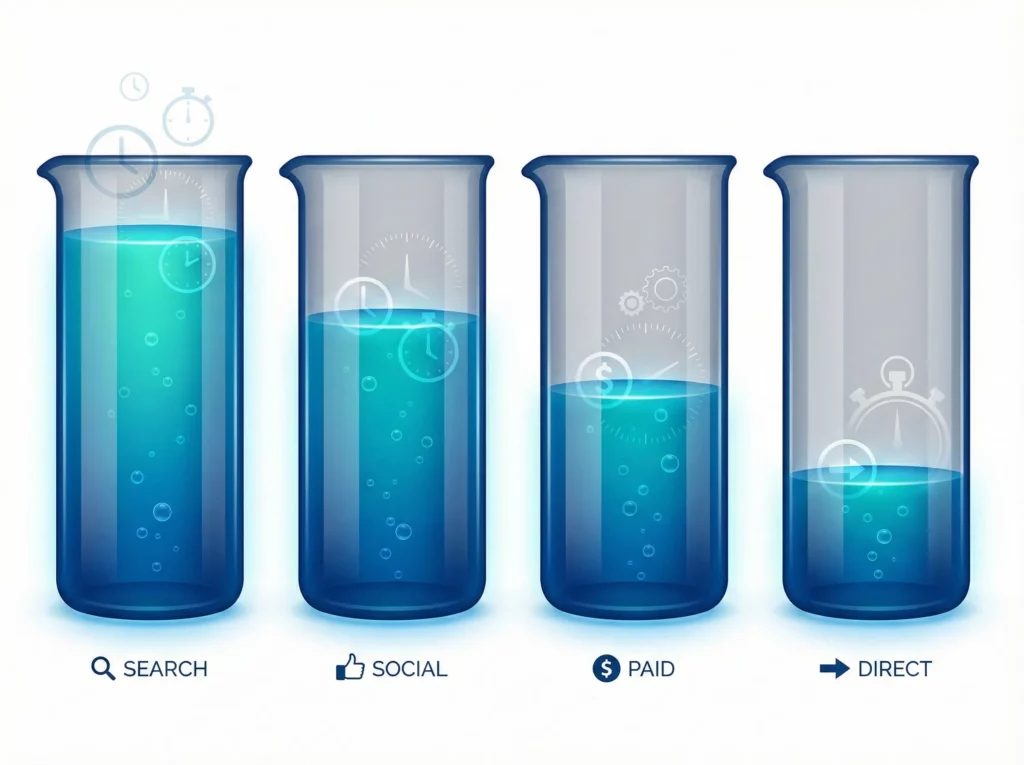 Laboratory beakers filled to different levels representing engagement time from various traffic sources