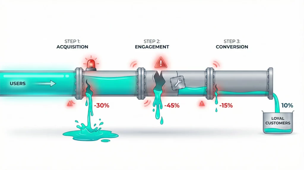 Horizontal pipeline with visible leaks at connection points where liquid escapes, representing user drop-off in conversion funnels