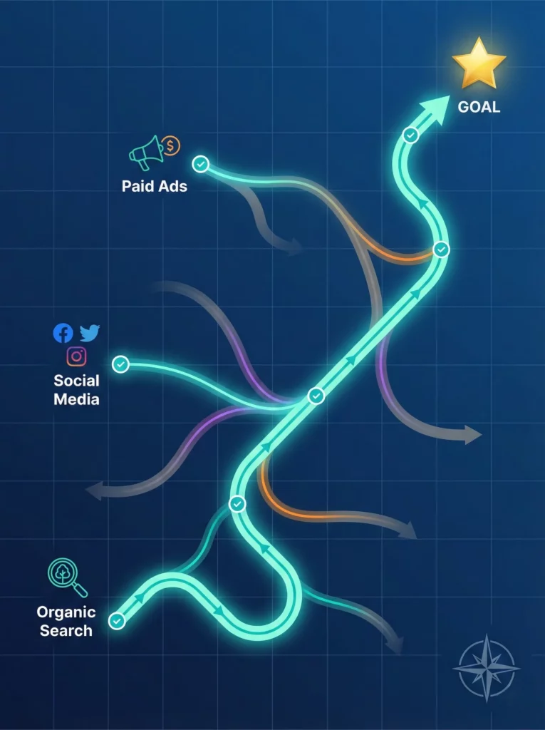 Winding journey map showing different entry points with some paths successfully reaching the conversion goal while others fade