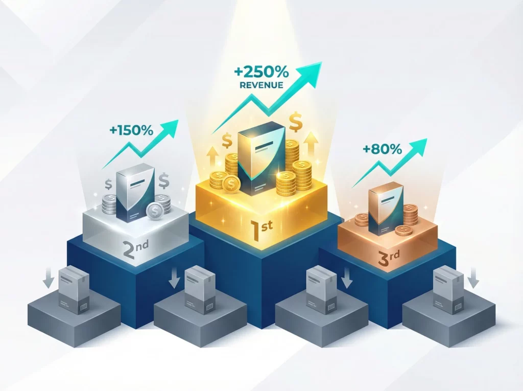 Olympic-style podium with product boxes ranked by revenue generation, top performers illuminated in gold, silver, and bronze