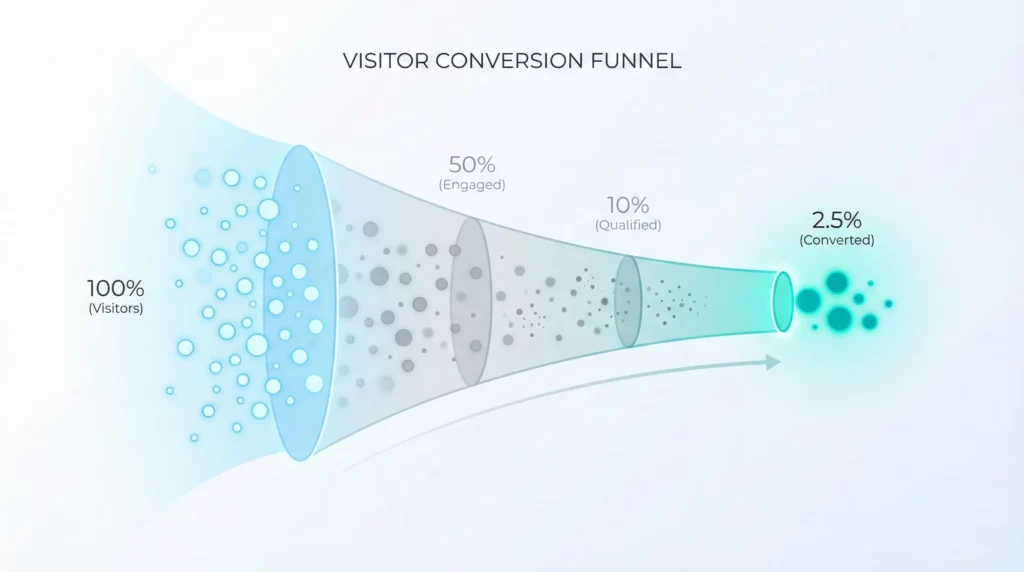 Abstract funnel visualization showing visitor dots being filtered from 100% down to a small percentage of converters