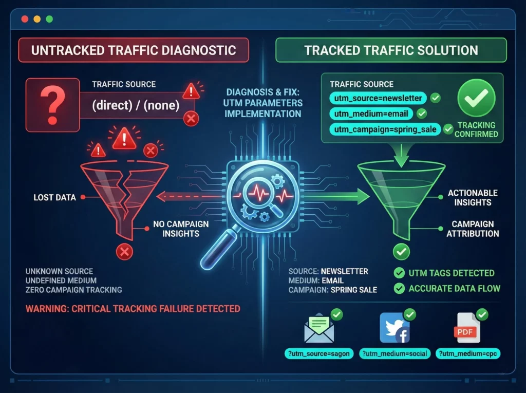 Split-screen showing untracked traffic with warning signs transforming into properly tagged traffic with UTM parameters