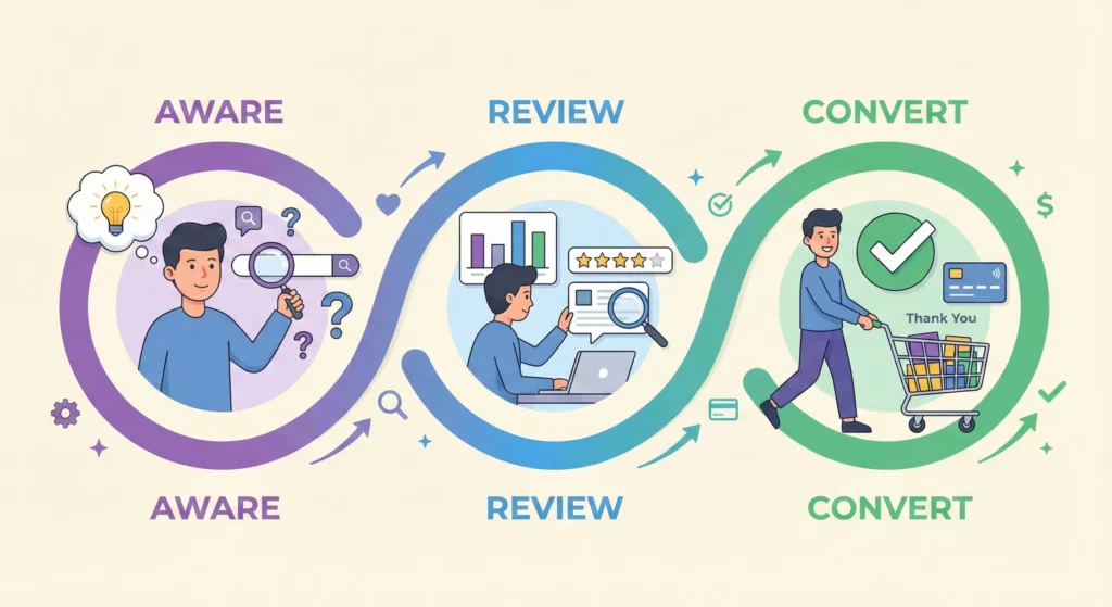 Three-stage ARC framework showing customer journey from awareness through review to conversion