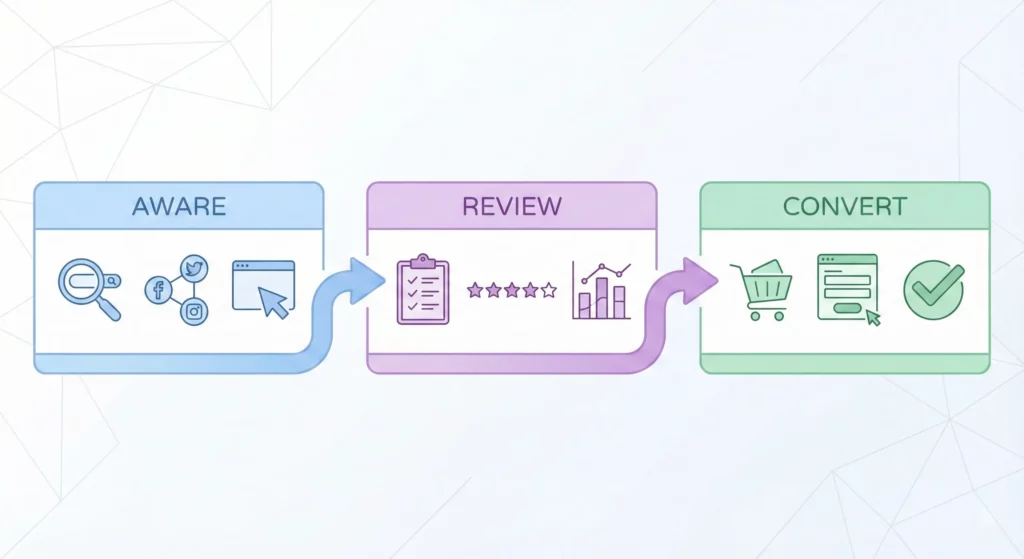 ARC framework diagram showing three stages: Aware (discovery), Review (evaluation), and Convert (action)