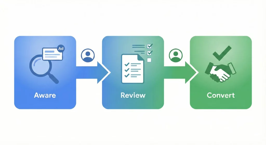 The ARC Framework showing three stages of the customer journey: Aware (discovery through ads), Review (evaluation), and Convert (final valuable action)