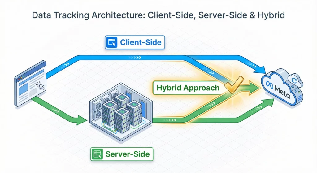 Diagram showing single user interaction with two tracking paths: direct client-side browser to Meta and server-side browser through server to Meta, with hybrid approach combining both methods