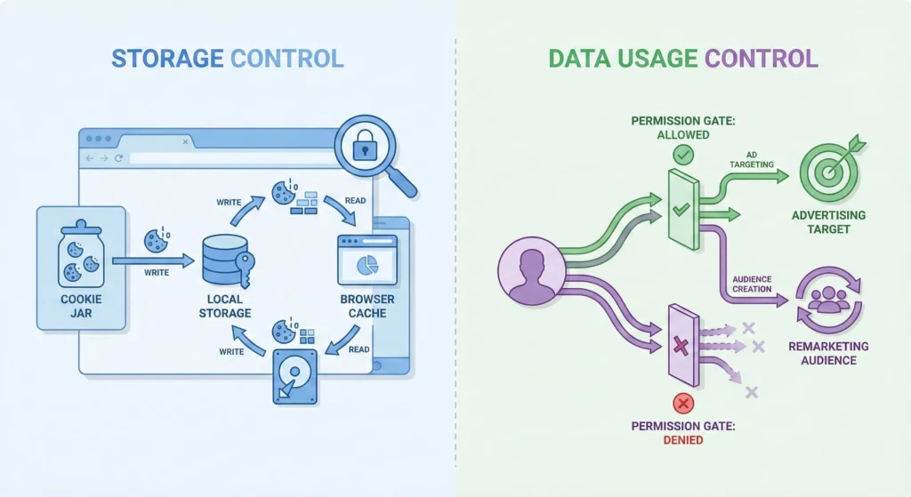 Diagram illustrating the distinction between storage control permissions and data usage permissions in Consent Mode v2