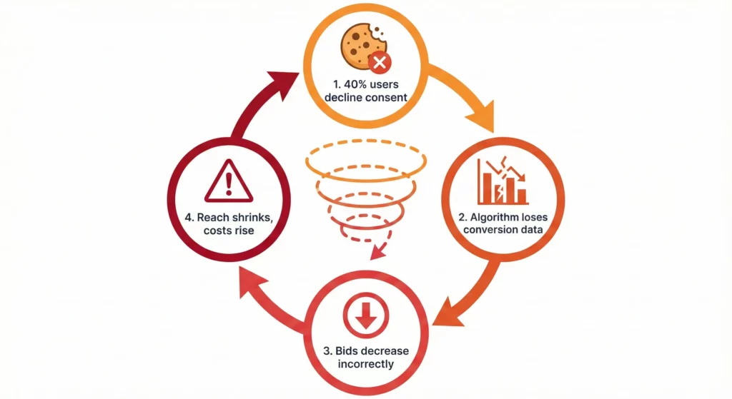 Circular diagram showing the death spiral effect when conversion tracking fails: users decline consent, algorithms lose data, bids decrease, and advertising performance deteriorates