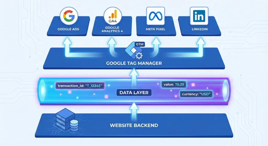 Architecture diagram showing unidirectional data flow from website backend to data layer to GTM, which then distributes information to multiple marketing platforms