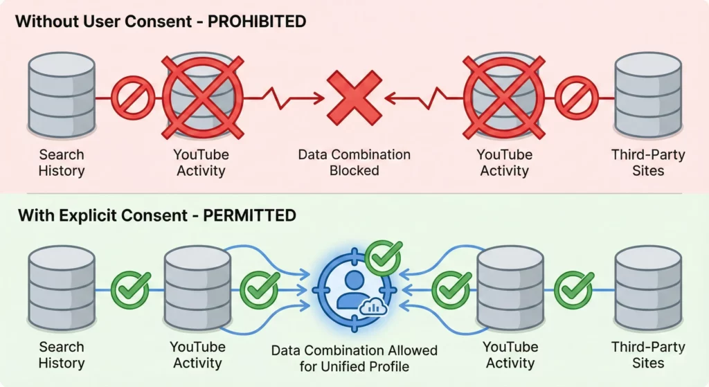 Diagram illustrating how the Digital Markets Act restricts Google from combining user data across services without explicit consent