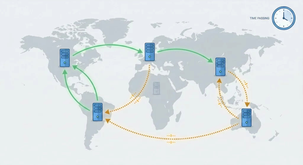 Diagram showing DNS record propagation across global servers, illustrating why verification can take time to complete