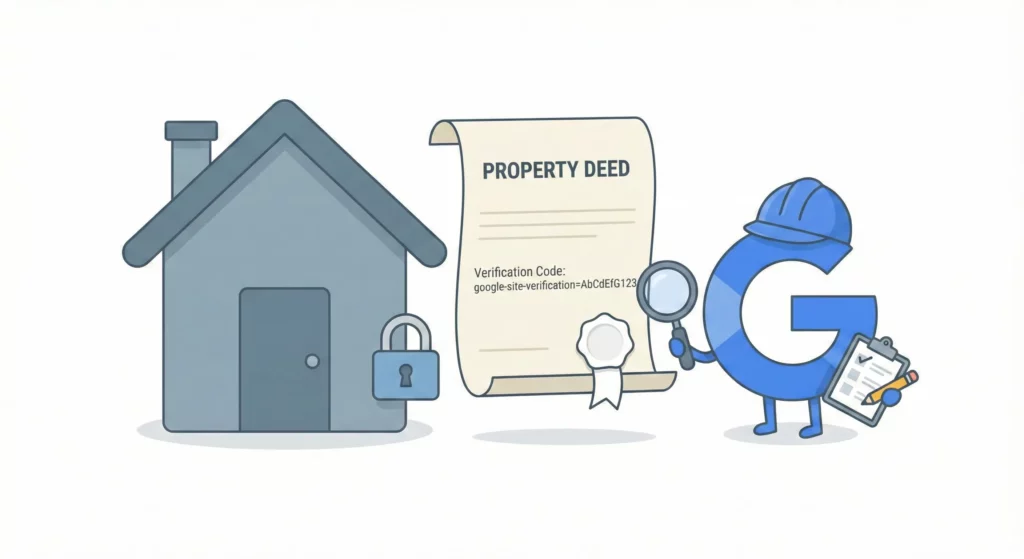Conceptual illustration of DNS verification as a property deed inspection, showing how verification codes prove domain ownership to Google