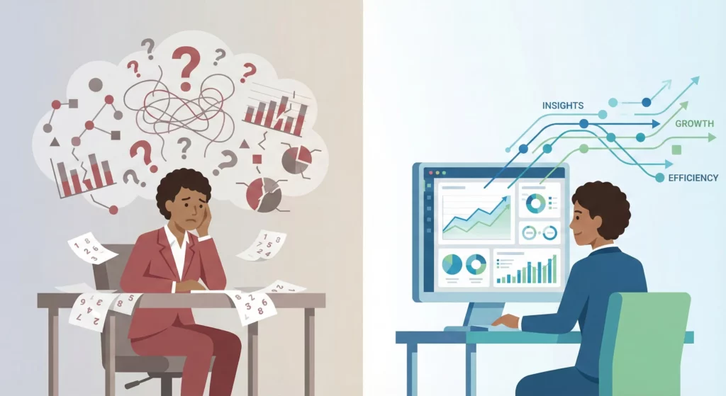 Illustration contrasting chaotic unstructured marketing data with organized, actionable analytics insights