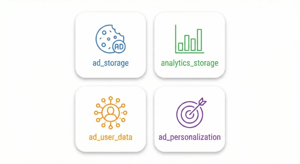 Visual representation of the four consent parameters in Google Consent Mode v2: ad_storage, analytics_storage, ad_user_data, and ad_personalization