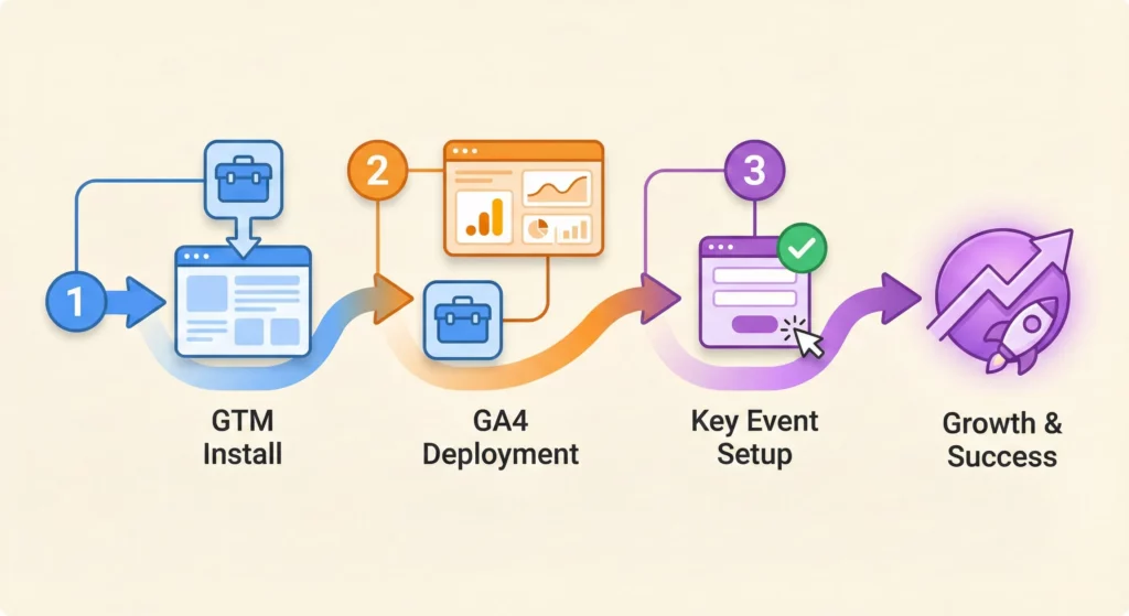 Implementation roadmap showing three steps: install Google Tag Manager, deploy GA4 through GTM, and set up first key event tracking