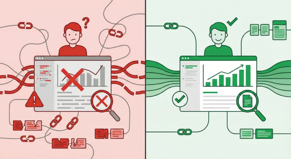 Comparison showing broken analytics installation versus properly configured GA4 tracking