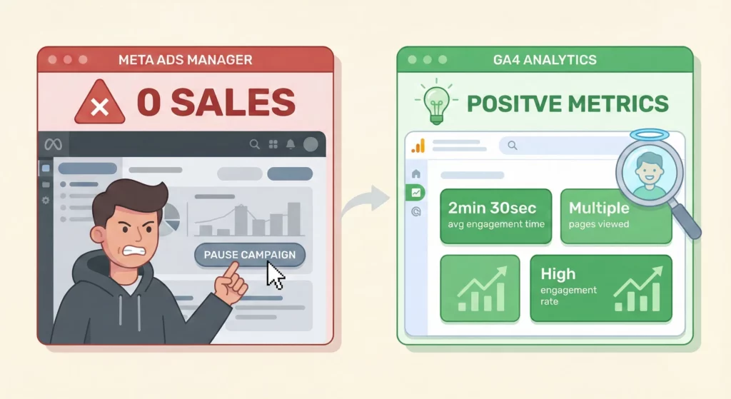 Split comparison showing Meta Ads Manager displaying zero sales while Google Analytics 4 reveals high engagement time and quality traffic, illustrating how GA4 prevents premature campaign shutdowns