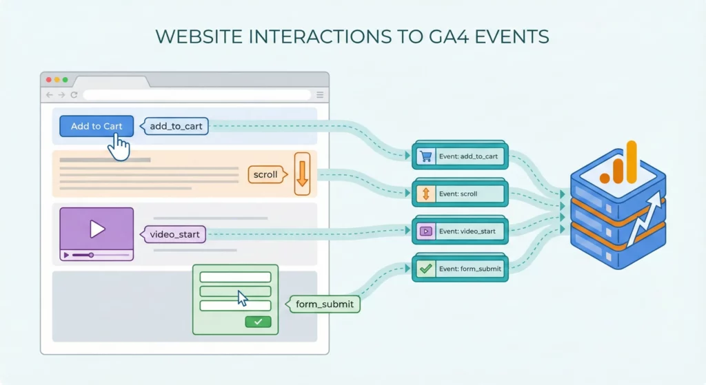 GA4 event-based tracking showing user interactions on website being captured as structured events with names and parameters