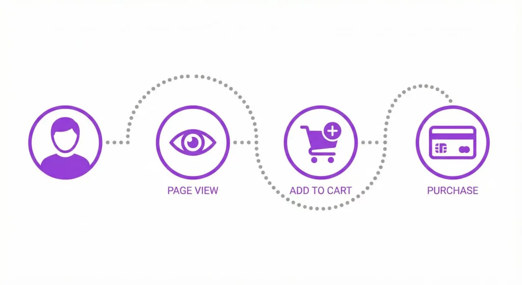 Visual representation of GA4 event-based tracking showing user journey from page view to purchase