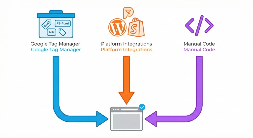 Three GA4 installation methods: Google Tag Manager, Platform Integrations, and Manual Code