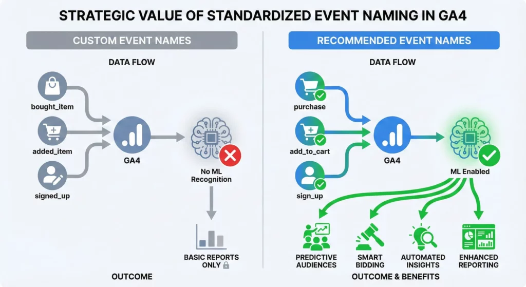 Comparison showing custom event names limiting GA4 machine learning versus recommended event names unlocking predictive audiences and automated insights