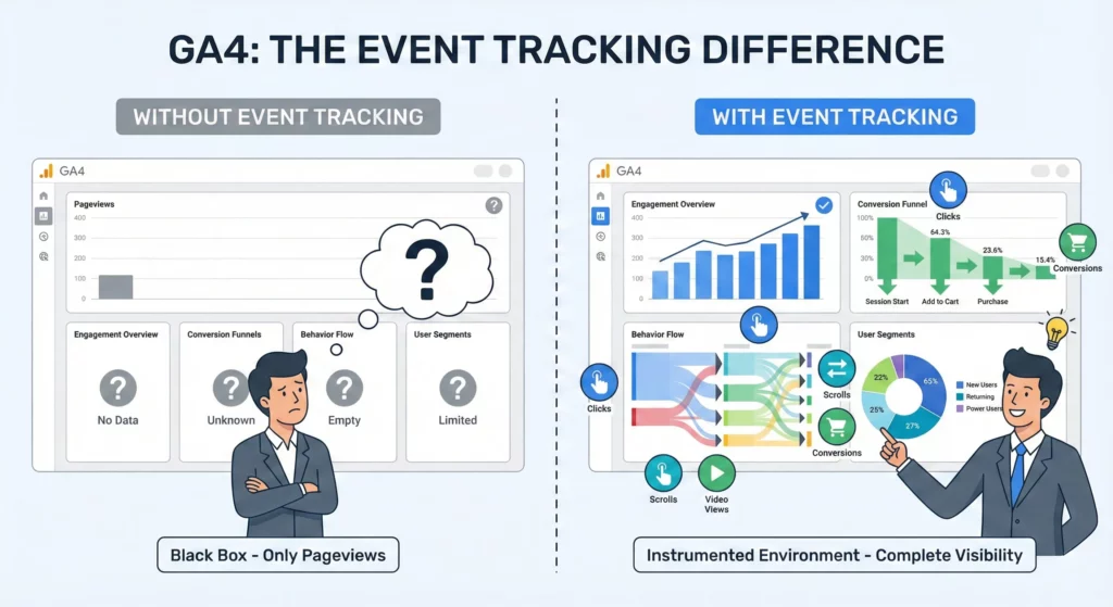 Comparison showing limited insights from GA4 without event tracking versus rich behavioral data and insights with proper event implementation