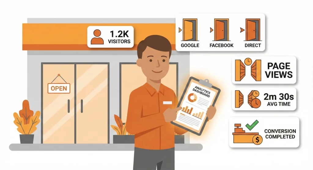 Illustration of Google Analytics as a store manager tracking visitor behaviour, traffic sources, page views, and conversions with digital analytics tools