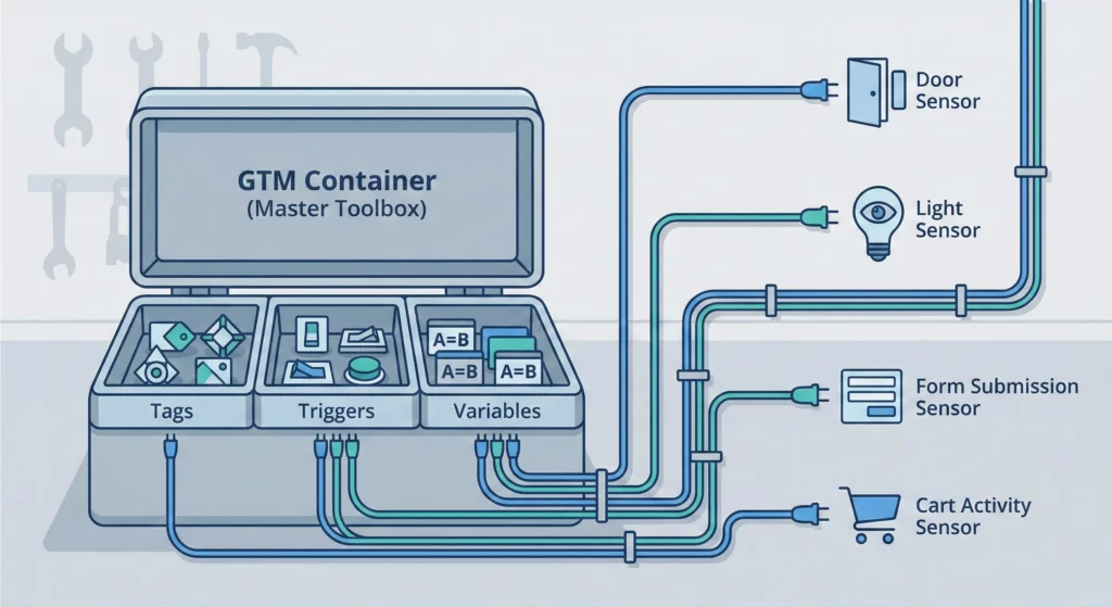 Illustration of Google Tag Manager as an electrician's organized toolbox containing tags, triggers, and variables that deploy tracking sensors across a website