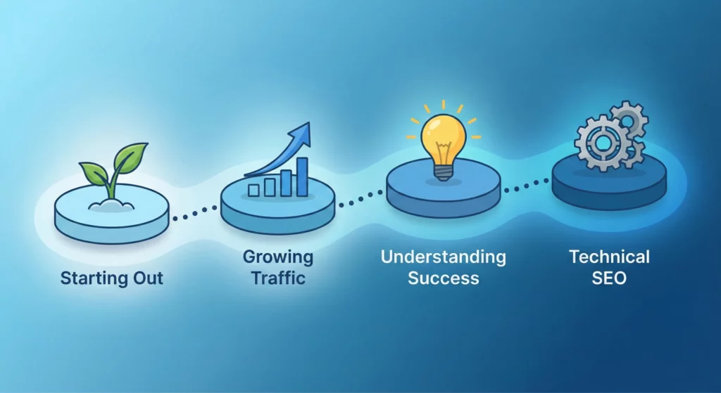 Visual pathway showing four stages of Google Search Console mastery from beginner setup to advanced technical SEO