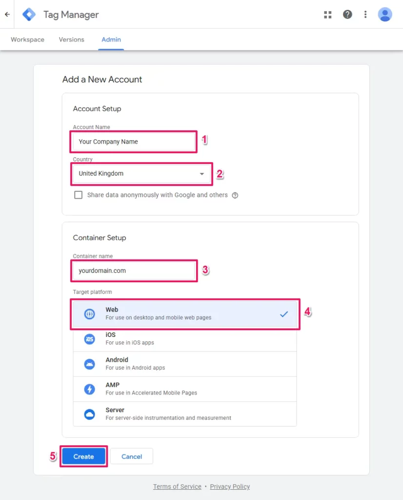 Screenshot of Google Tag Manager's account creation form highlighting the account name, container name, web platform selection, and create button