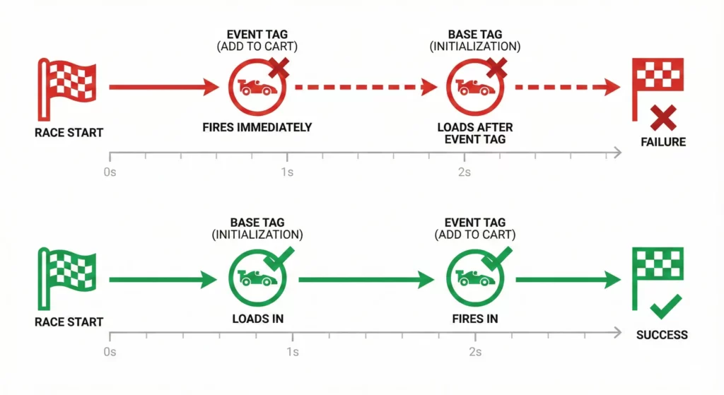 Visualization of race condition problem when GA4 library loads after event tracking attempts