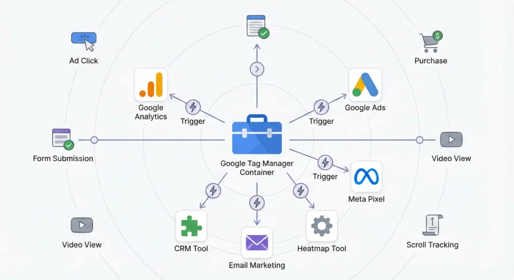 Diagram showing Google Tag Manager as a central hub managing tracking tags for Google Analytics, Google Ads, Meta Pixel, and other marketing platforms
