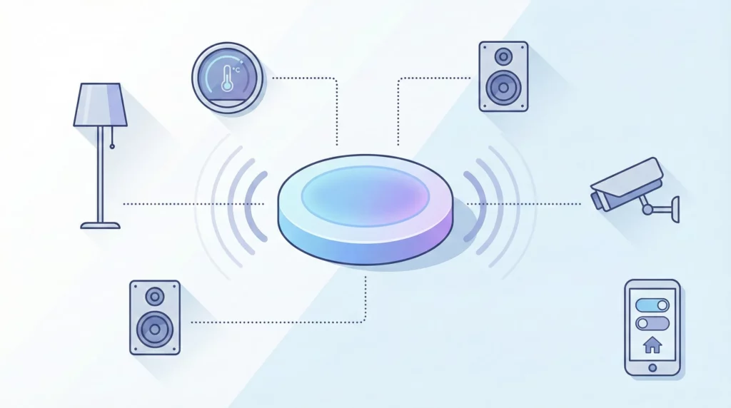 Illustration demonstrating Google Tag Manager's hub concept through a smart home analogy where devices connect wirelessly to a central controller