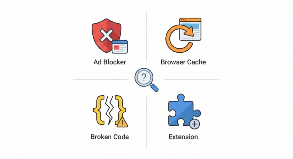 Visual checklist showing four common Google Tag Manager troubleshooting issues: ad blockers, browser cache, code placement errors, and browser extensions