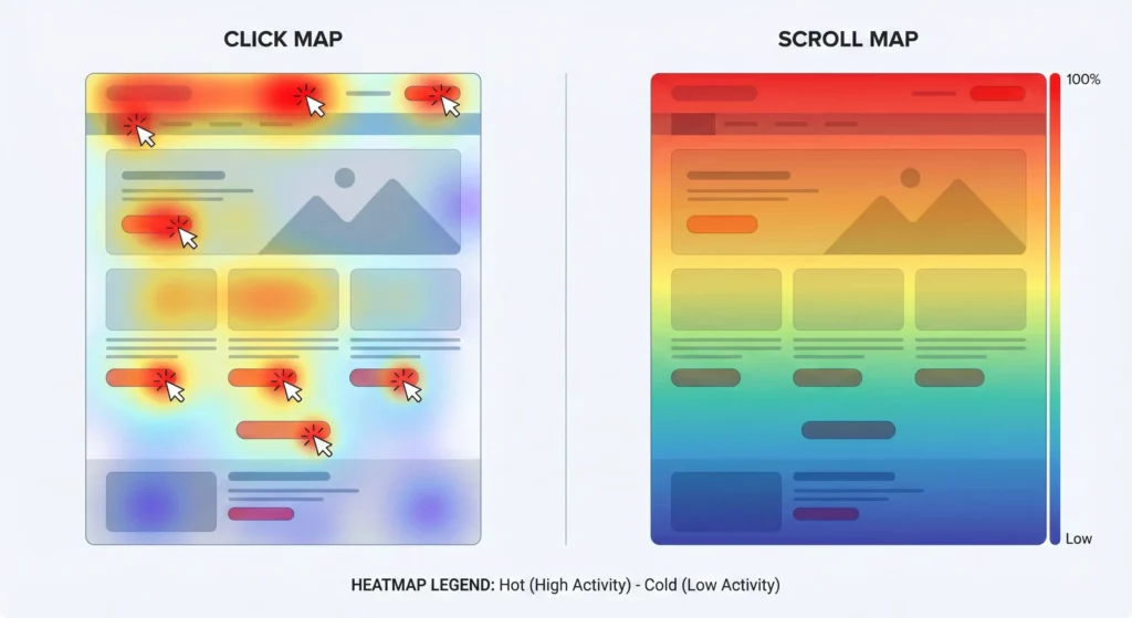 Heatmap visualization showing color-coded user activity on a webpage, with hot colors indicating high engagement areas and cool colors showing low engagement zones