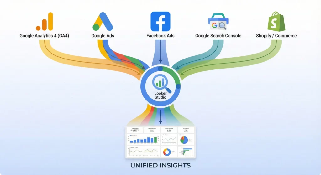 Looker Studio cross-platform integration diagram showing multiple data sources converging into unified dashboard and insights