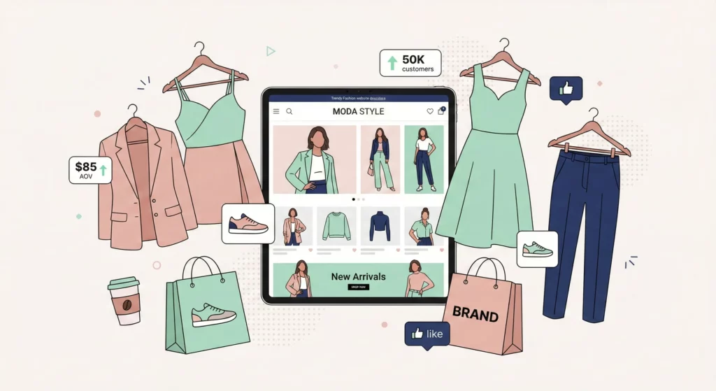 Illustration of Meridian Threads online clothing retailer with fashion items and business metrics