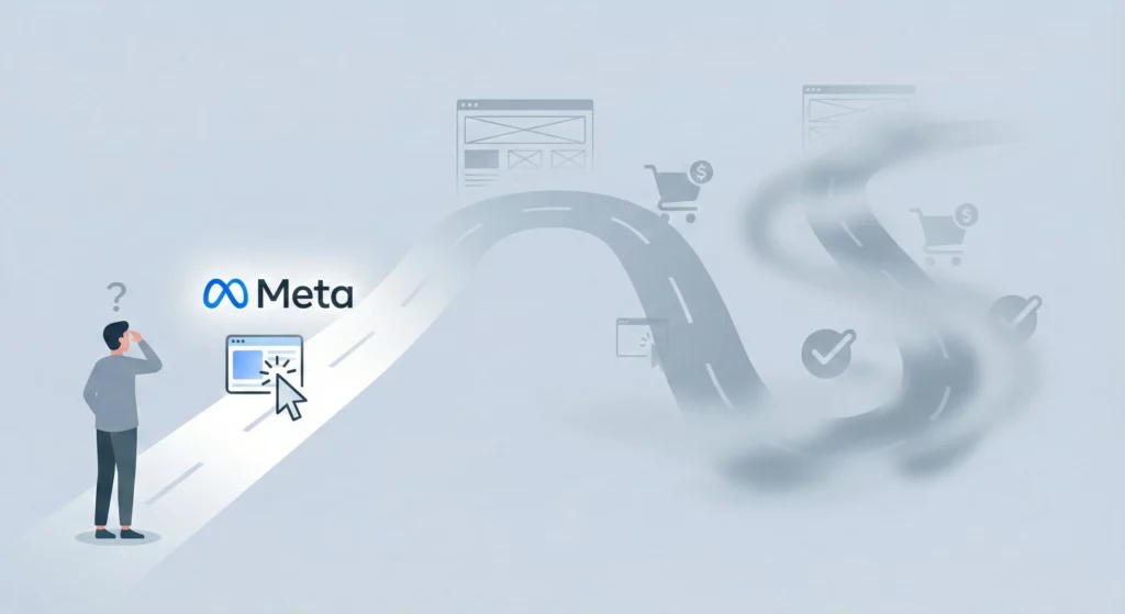 Illustration depicting the incomplete visibility of Meta Ads Manager, showing clear ad metrics but unclear post-click customer journey