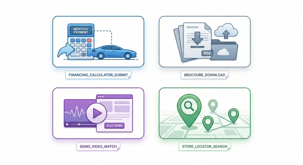 Examples of custom Meta Pixel events for specific business needs including financing calculators, brochure downloads, demo videos, and store locators