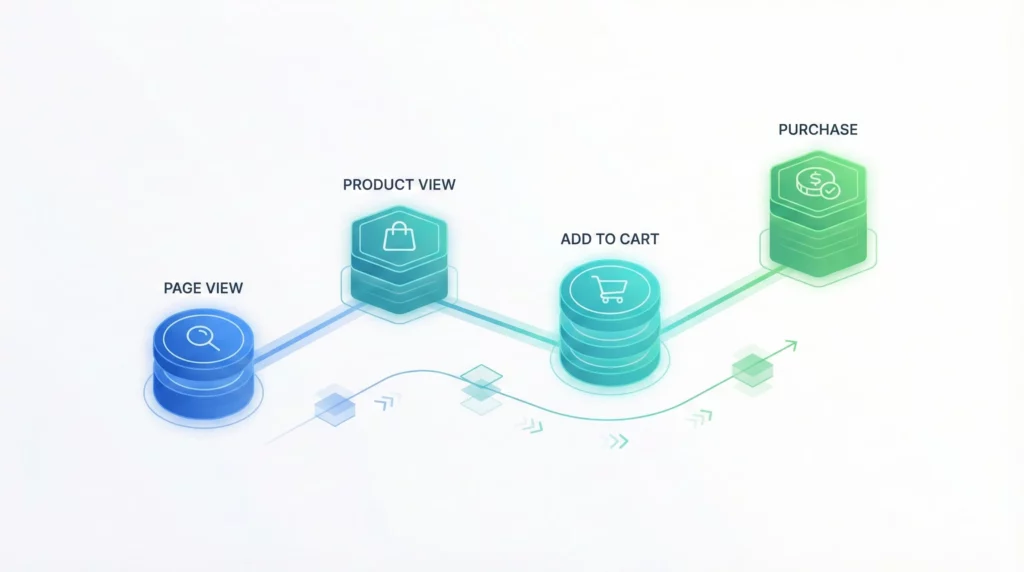 Conceptual illustration showing website events as building blocks of user journey tracking from page view through purchase conversion
