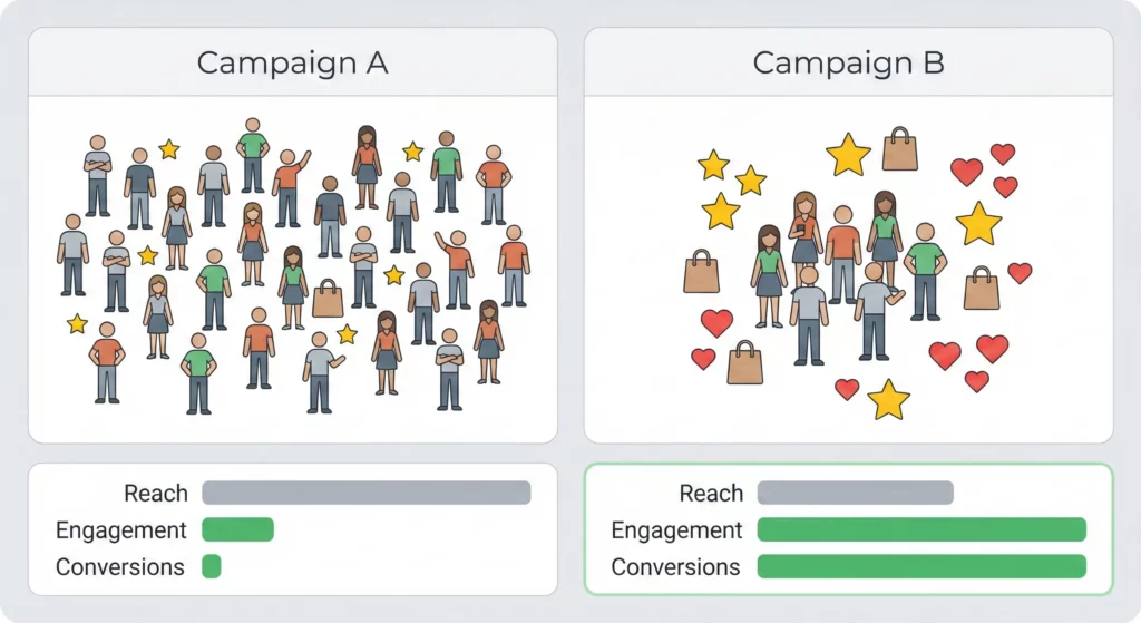 Comparison illustration showing Campaign A with high traffic volume but low engagement versus Campaign B with lower traffic but higher quality engaged visitors