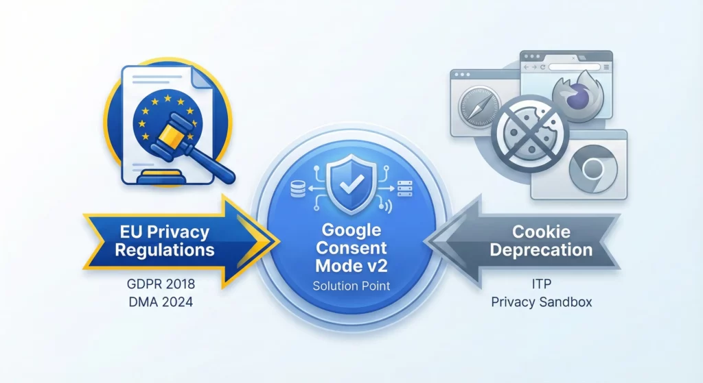 Diagram showing EU privacy regulations and browser cookie deprecation converging to create the need for Google Consent Mode v2